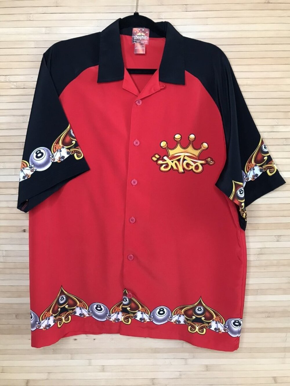 Vintage Jnco Jeans Shirt Mens L Button Up Bowling Pool 8 Ball Flames 90s EUC red
